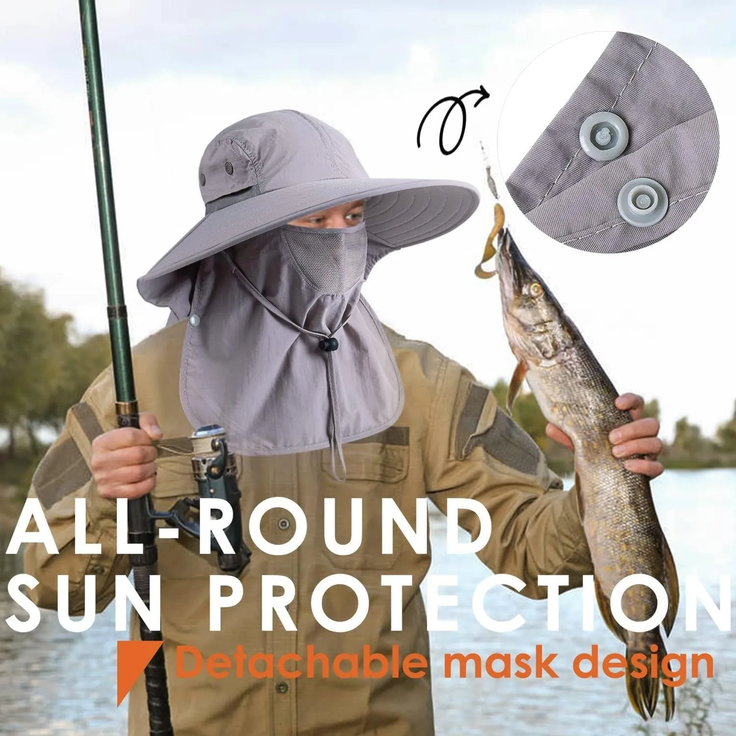 Mens Women Fishing Hat UPF 50  Wide Brim Sun Hat with Face Cover & Neck Flap