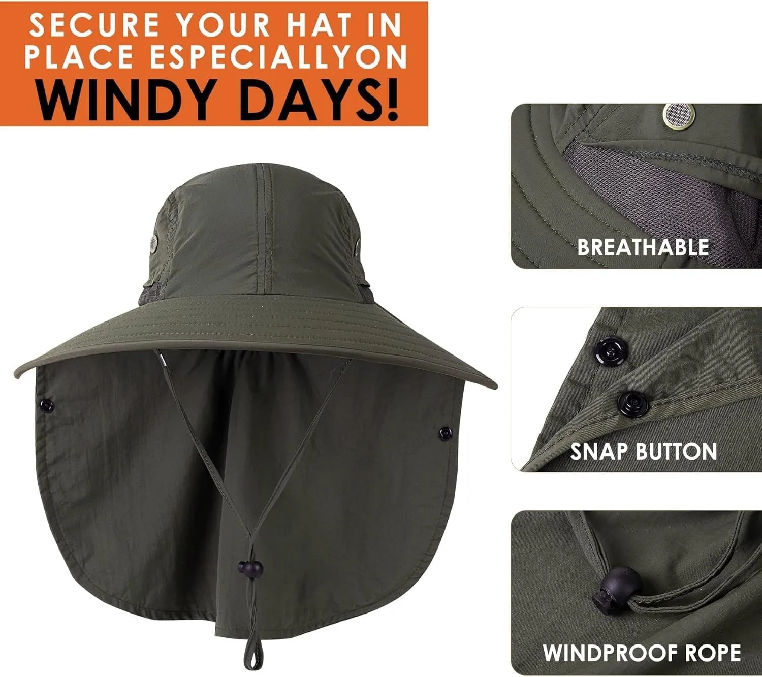 Mens Women Fishing Hat UPF 50  Wide Brim Sun Hat with Face Cover & Neck Flap
