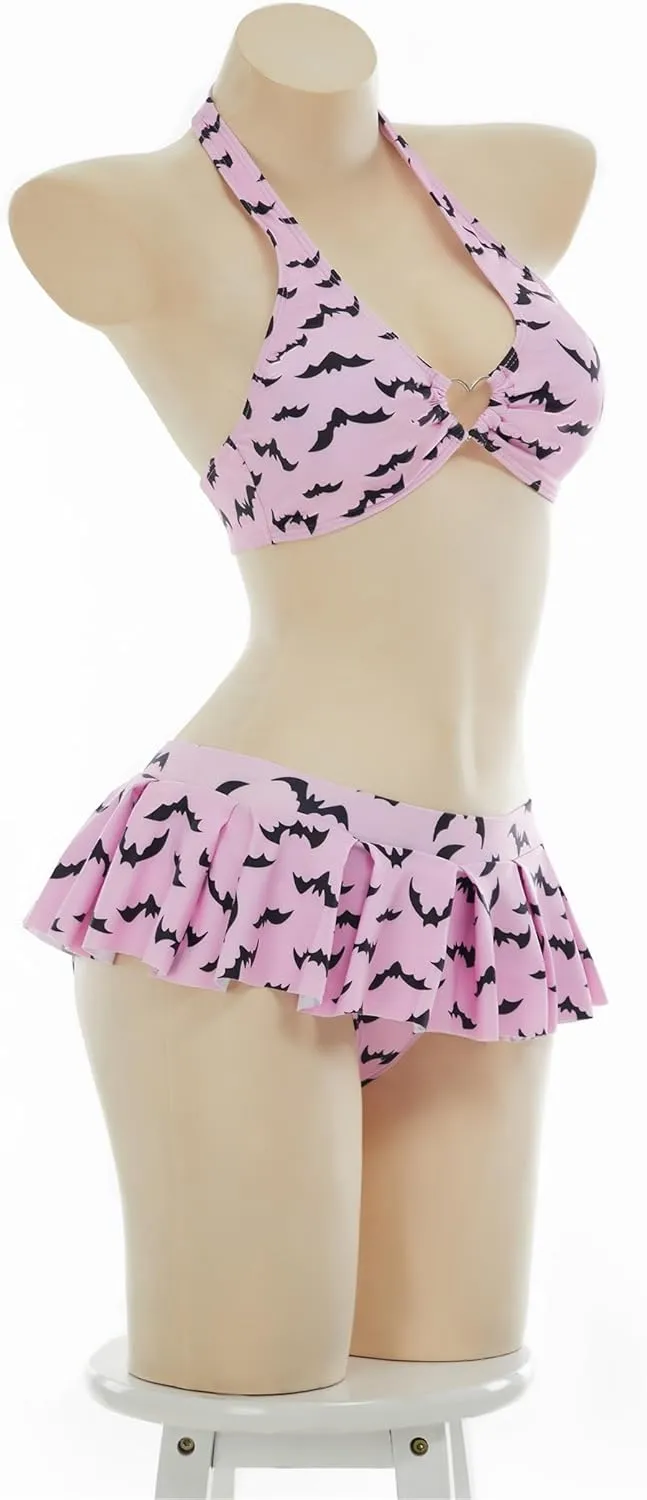 MEOWCOS Women's Bikini Sets Goth Bathing Suit Two-Piece Swimsuit with Gothic Bat Print Pink
