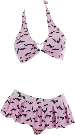 MEOWCOS Women's Bikini Sets Goth Bathing Suit Two-Piece Swimsuit with Gothic Bat Print Pink