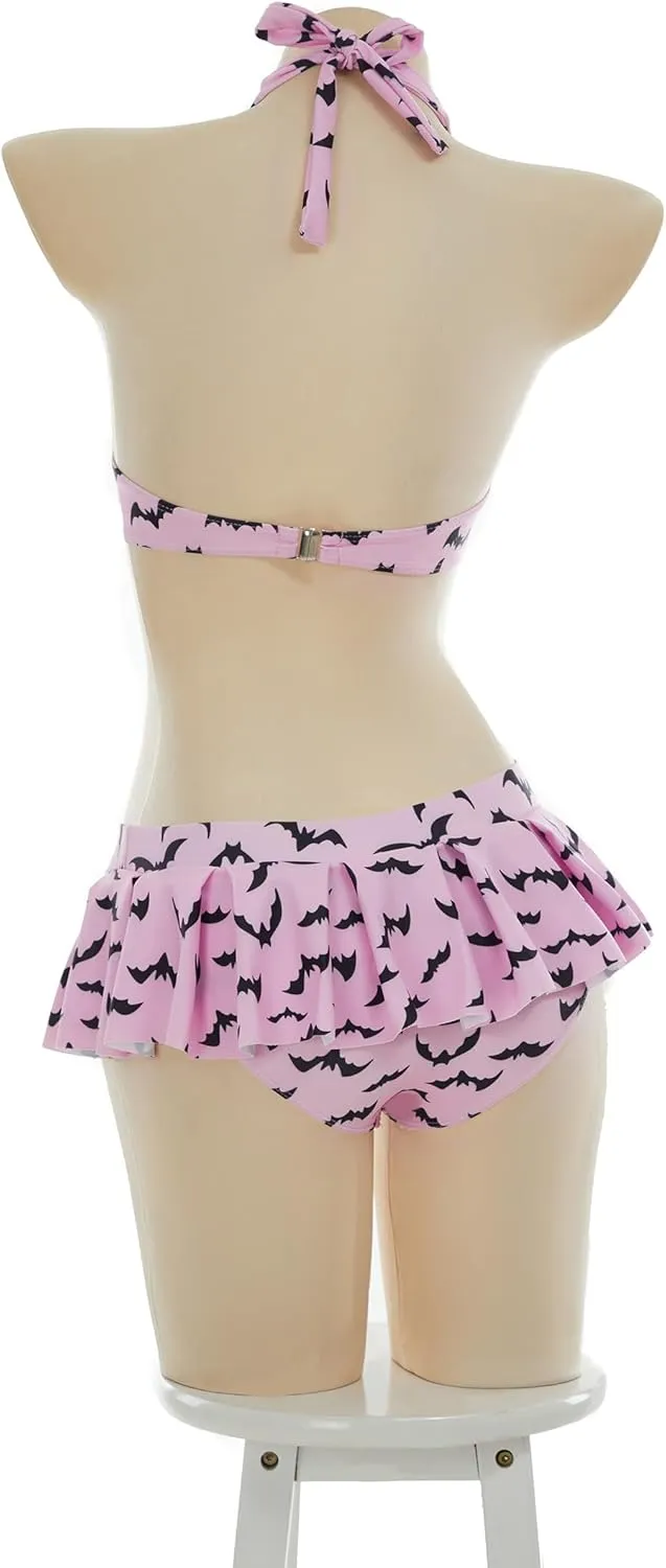 MEOWCOS Women's Bikini Sets Goth Bathing Suit Two-Piece Swimsuit with Gothic Bat Print Pink