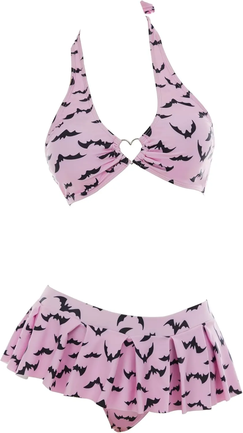 MEOWCOS Women's Bikini Sets Goth Bathing Suit Two-Piece Swimsuit with Gothic Bat Print Pink