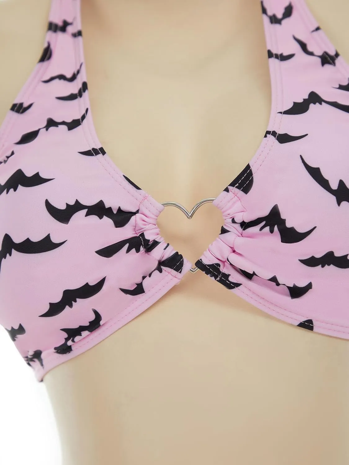 MEOWCOS Women's Bikini Sets Goth Bathing Suit Two-Piece Swimsuit with Gothic Bat Print Pink