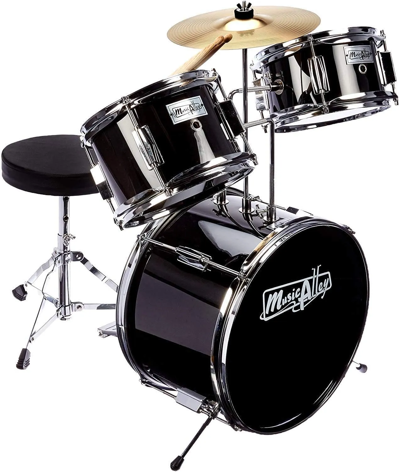 Music Alley 3 Piece Kids Drum Set with Throne, Cymbal, Pedal & Drumsticks, Metallic Black, (DBJK02-BK)