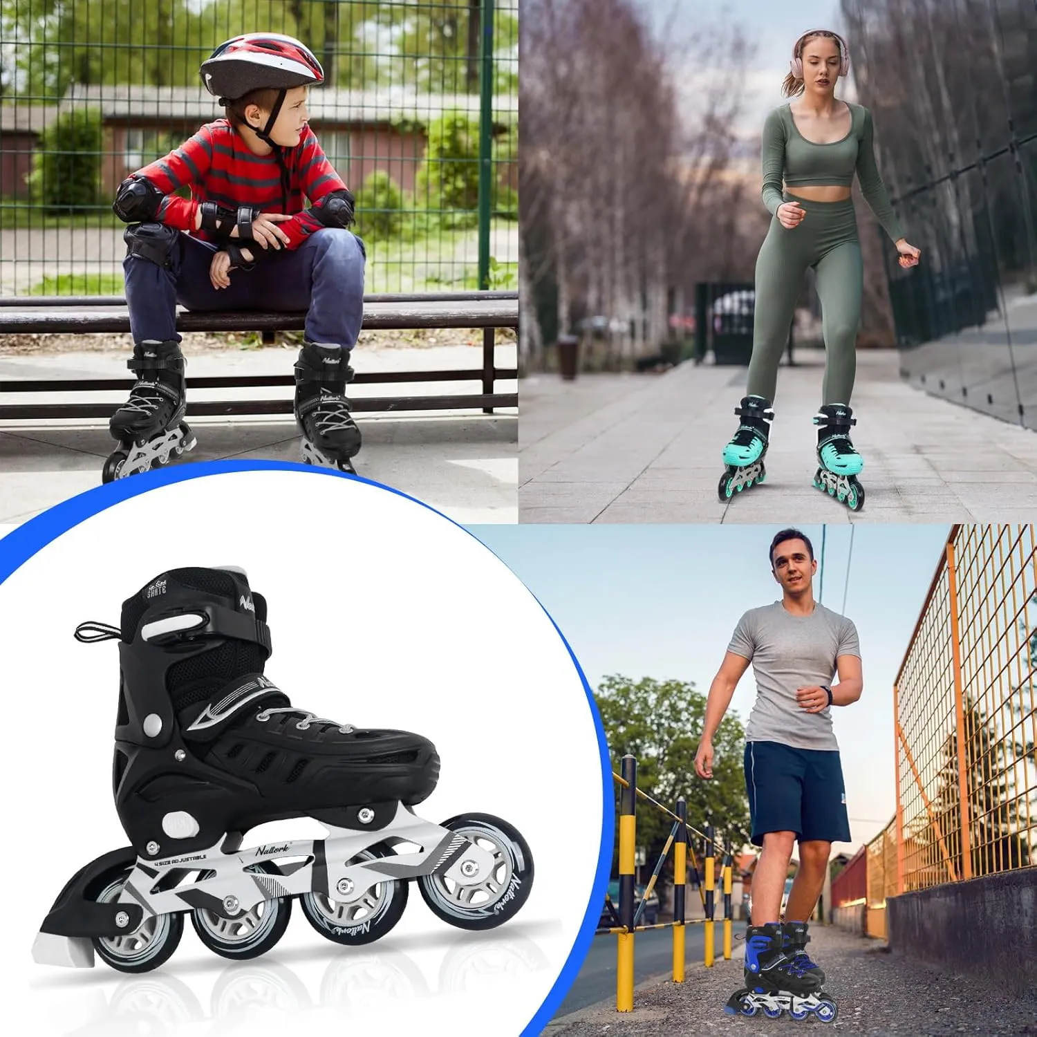Nattork Inline Skates for Boys and Girls Men Women, 4 Sizes Adjustable Blades Roller Skates Beginner for Kids & Adult Youth