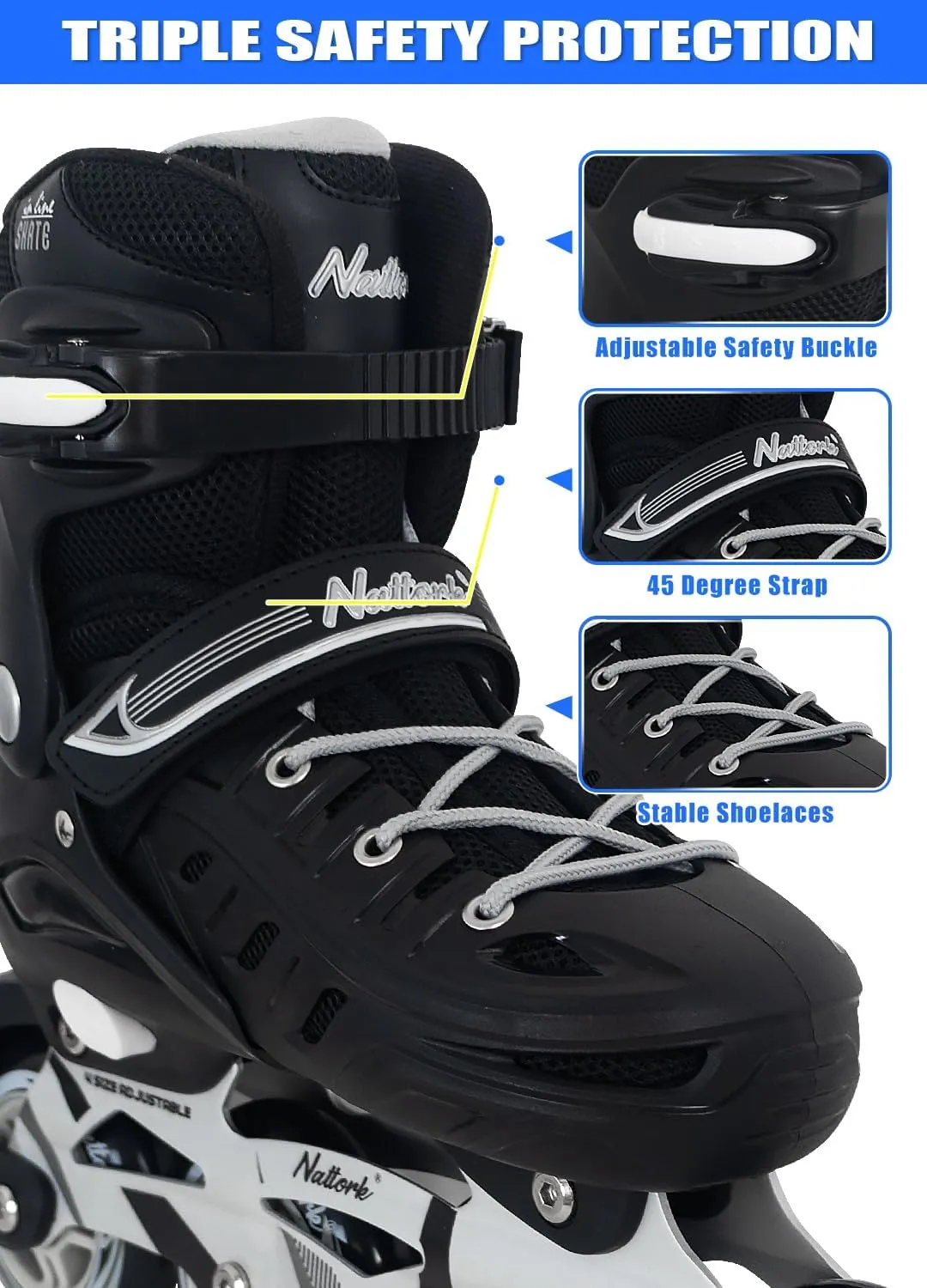 Nattork Inline Skates for Boys and Girls Men Women, 4 Sizes Adjustable Blades Roller Skates Beginner for Kids & Adult Youth