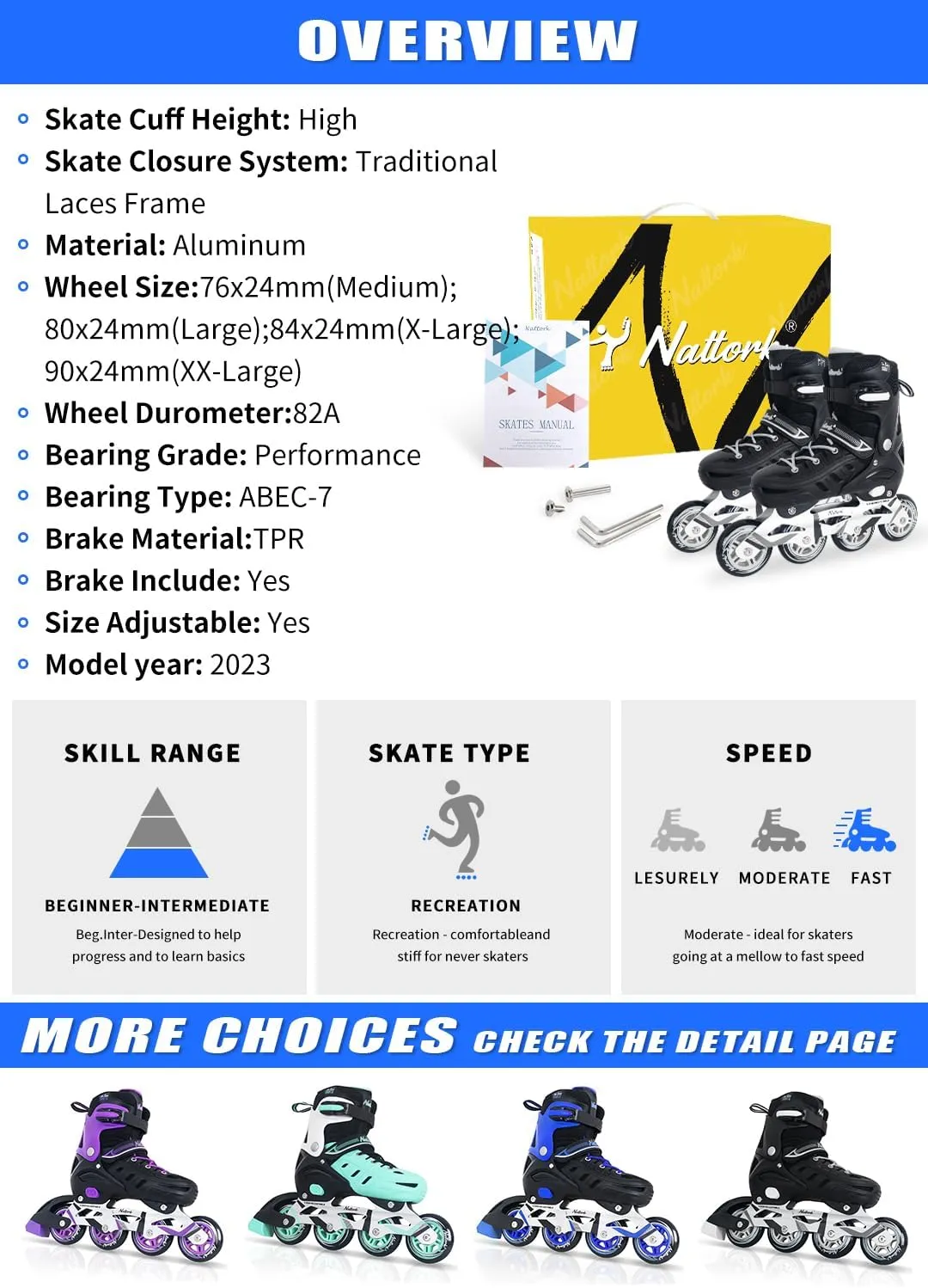 Nattork Inline Skates for Boys and Girls Men Women, 4 Sizes Adjustable Blades Roller Skates Beginner for Kids & Adult Youth