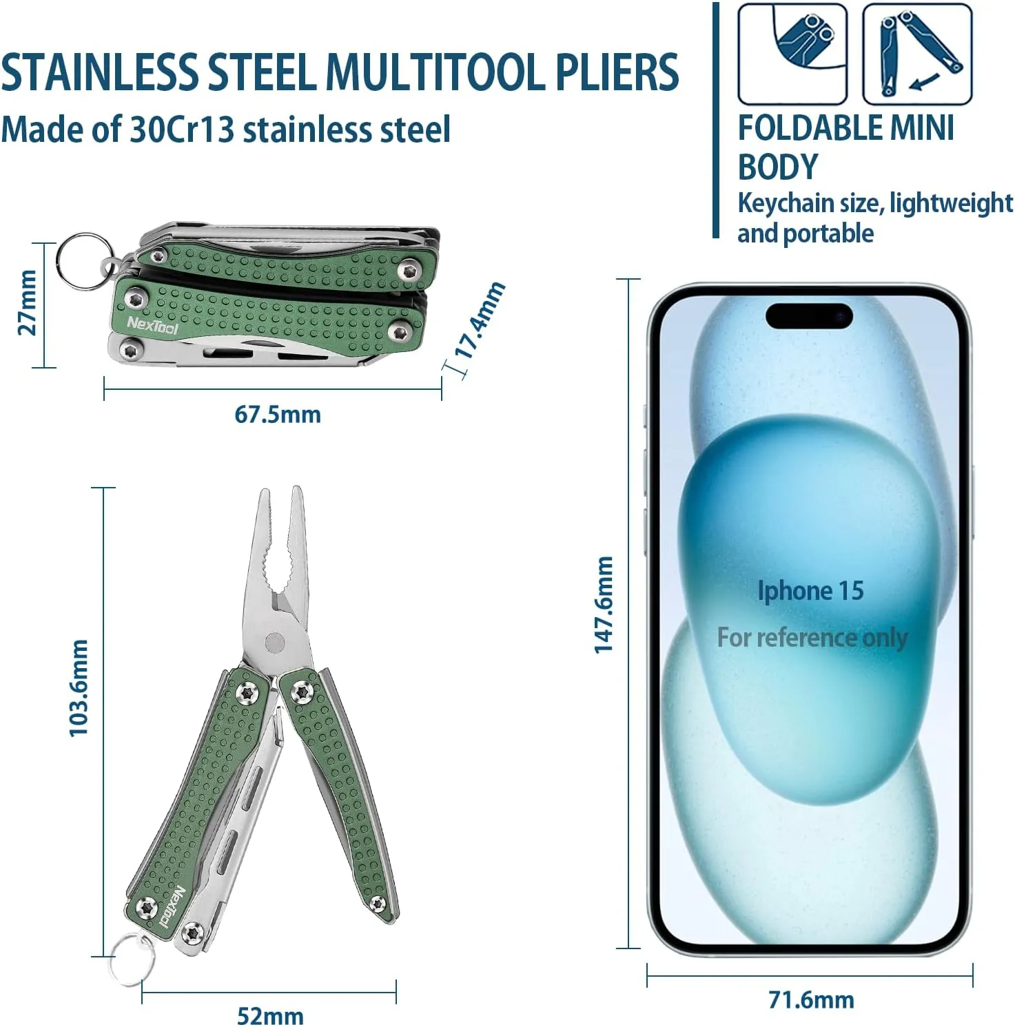 Nextool EDC Keychain Multitool, 10 in 1 Mini Pocket Knife Multi Tool with Needlenose Pliers, Scissors, Mini Useful Cool Gadgets for Men, Father's Day Gifts from Daughter-Green