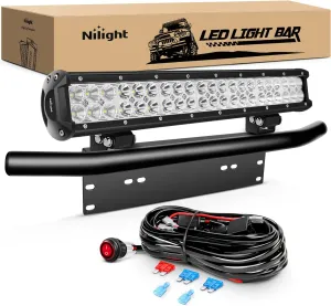 Nilight 20Inch 126W LED Light Bar Spot Flood Combo Driving Off Road with Front License Plate Mounting Bracket Wiring Harness for Trucks Pickup Car SUV ATV UTV 4x4 Van Camper, 2 Years Warranty