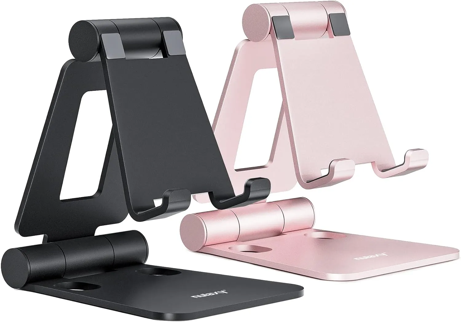 Nulaxy 2 Pack Dual Folding Cell Phone Stand, Fully Adjustable Foldable Desktop Phone Holder Cradle Dock Compatible with Phone 16 15 14 13 12 Pro Xs Xs Max Xr, All Phones, Black & Rose Gold