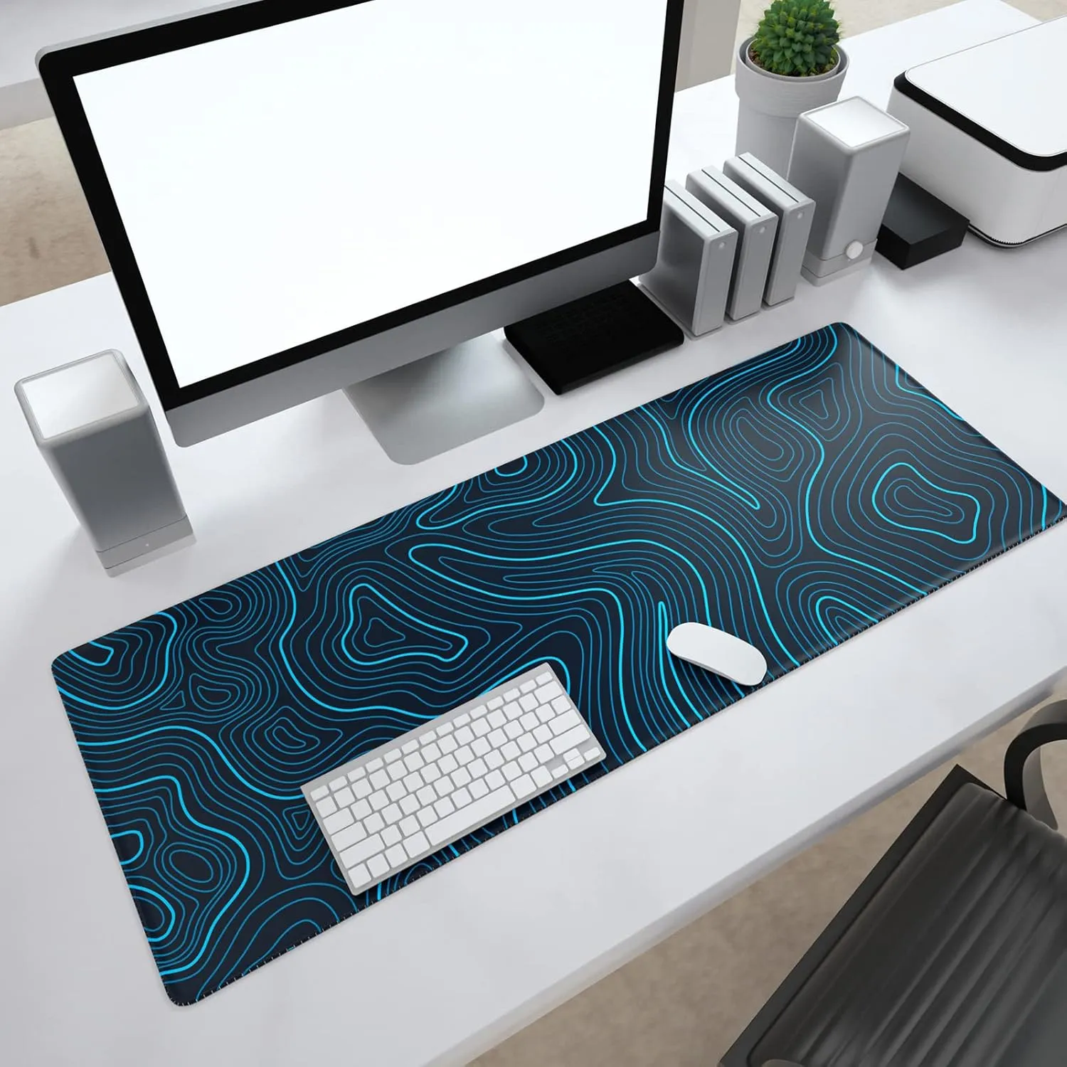 Ovenbird Gaming Mouse Pad with Stitched Edges, Topographic Map Blue Extended XL Mousepad with Anti-Slip Base, Cool Large Mouse Pad for Desk, 31.5 x 11.8 in, Blue