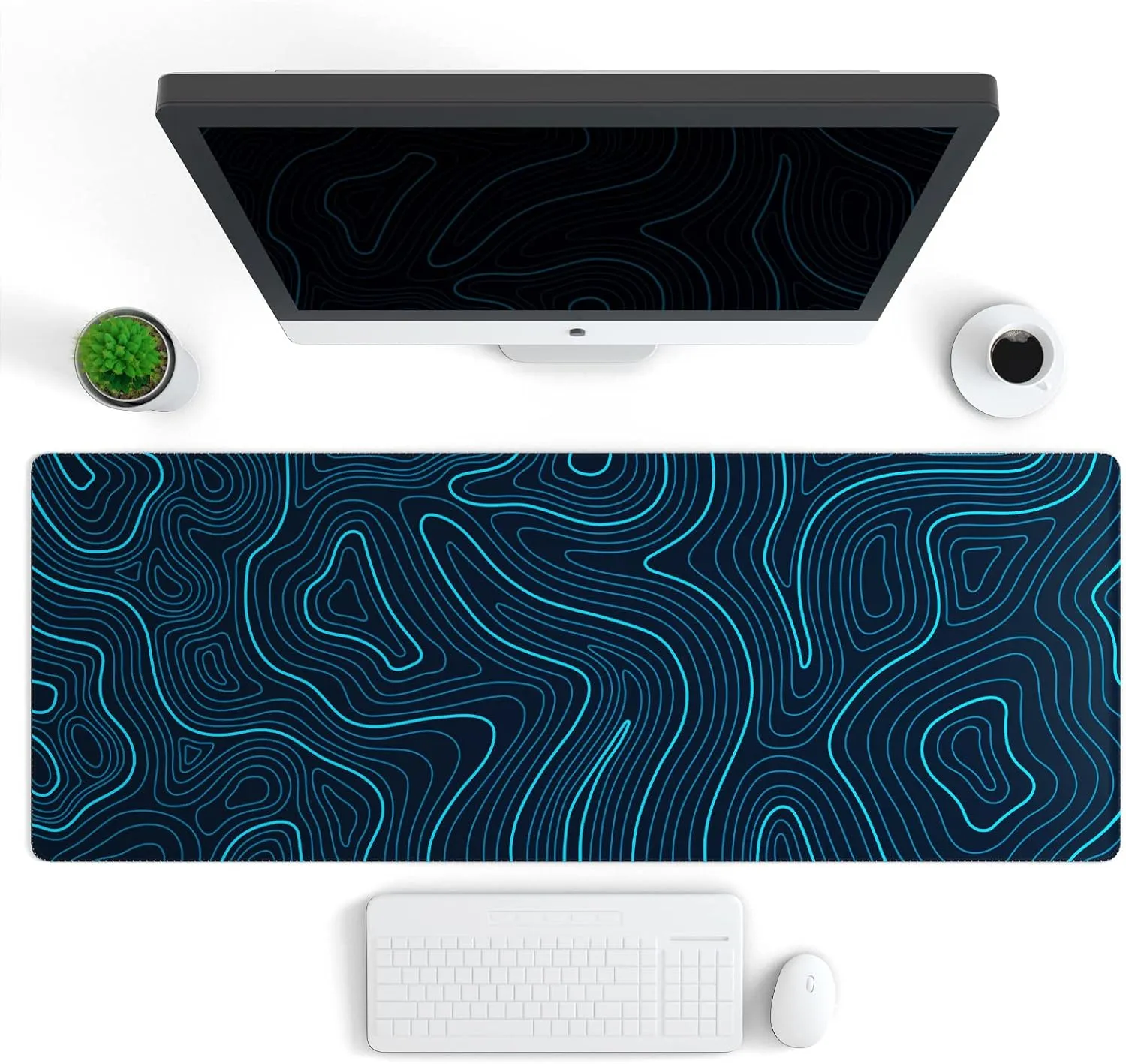 Ovenbird Gaming Mouse Pad with Stitched Edges, Topographic Map Blue Extended XL Mousepad with Anti-Slip Base, Cool Large Mouse Pad for Desk, 31.5 x 11.8 in, Blue