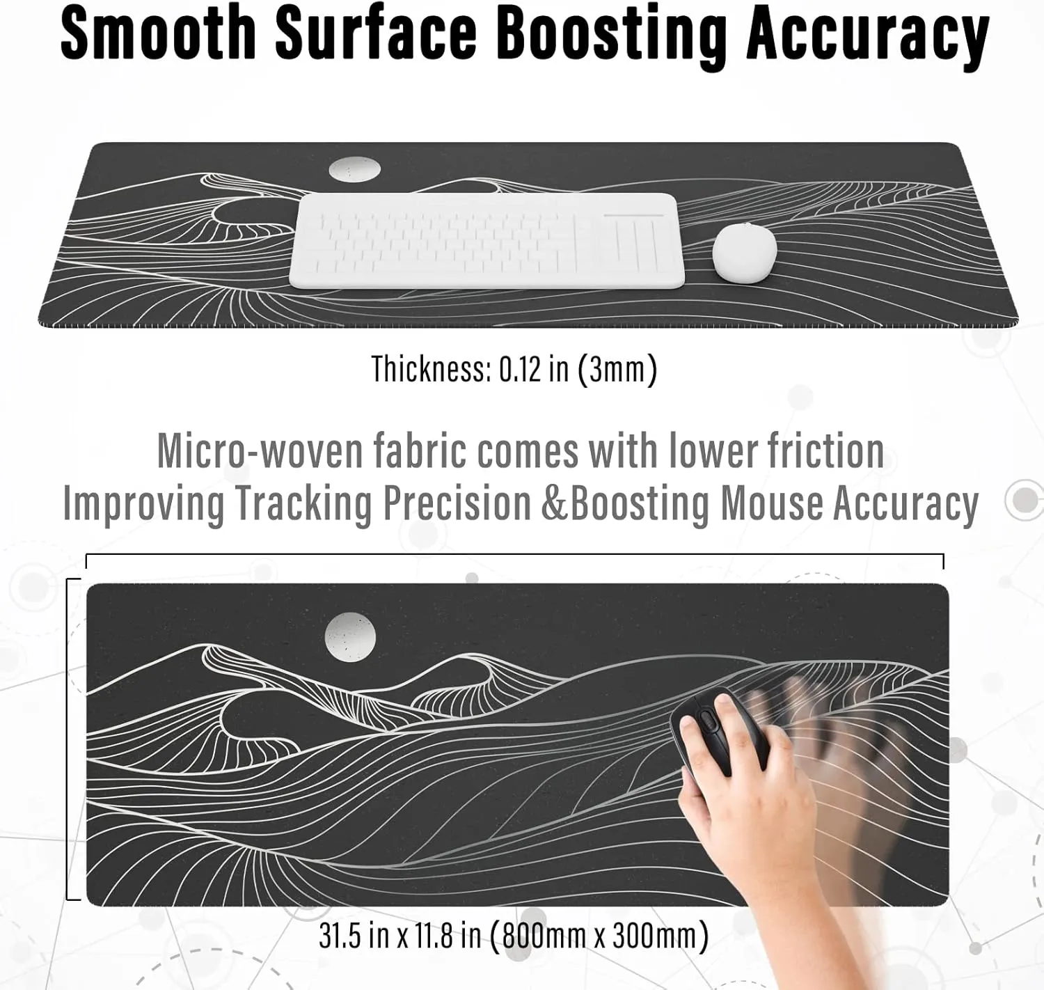 Ovenbird Large Gaming Mouse Pad with Stitched Edges, Minimalist Mountains Desk Mat, Extended XL Mousepad with Anti-Slip Base, Cute Desk Pad for Keyboard and Mouse, 31.5 x 11.8 in, Black and White