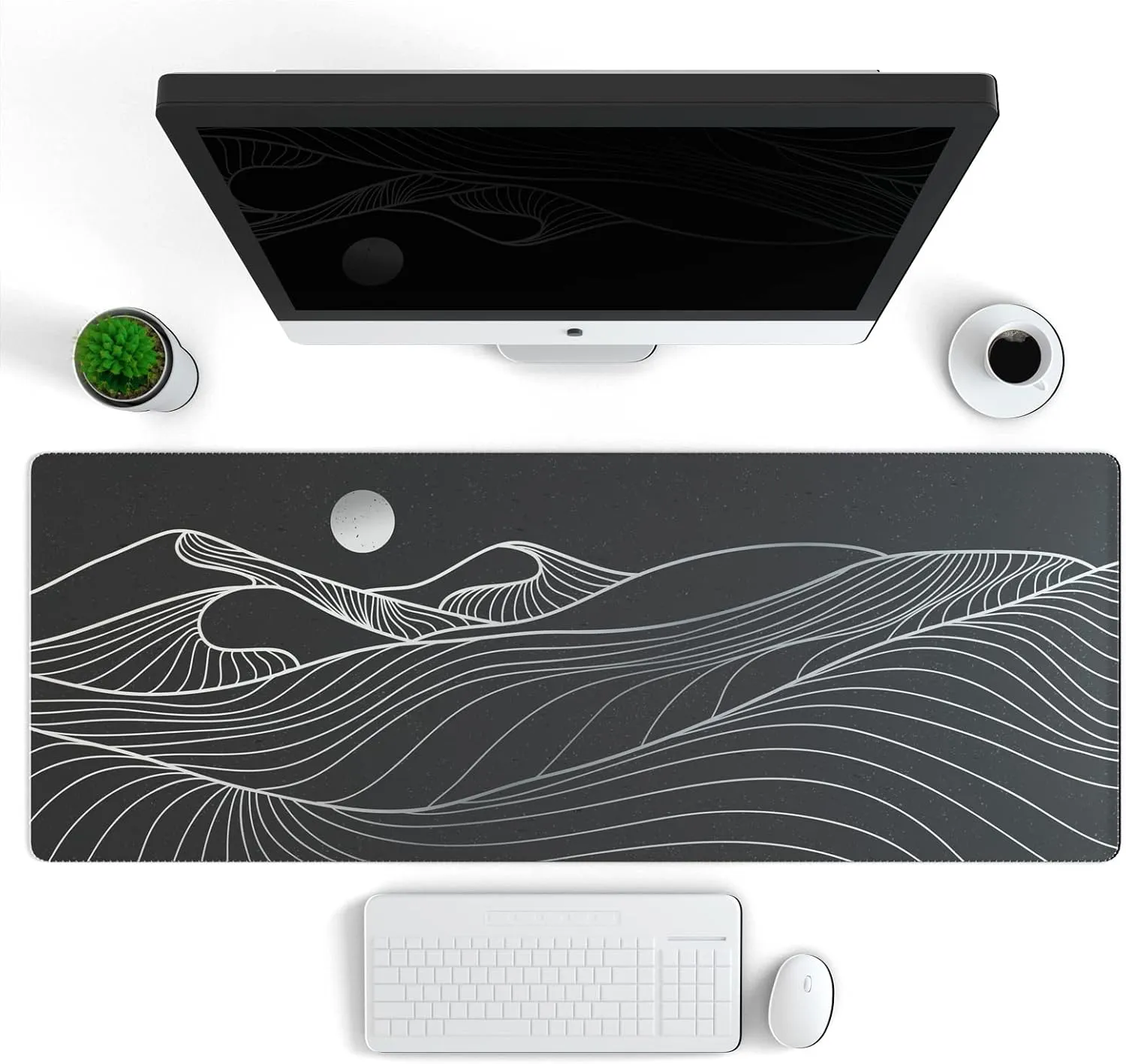 Ovenbird Large Gaming Mouse Pad with Stitched Edges, Minimalist Mountains Desk Mat, Extended XL Mousepad with Anti-Slip Base, Cute Desk Pad for Keyboard and Mouse, 31.5 x 11.8 in, Black and White