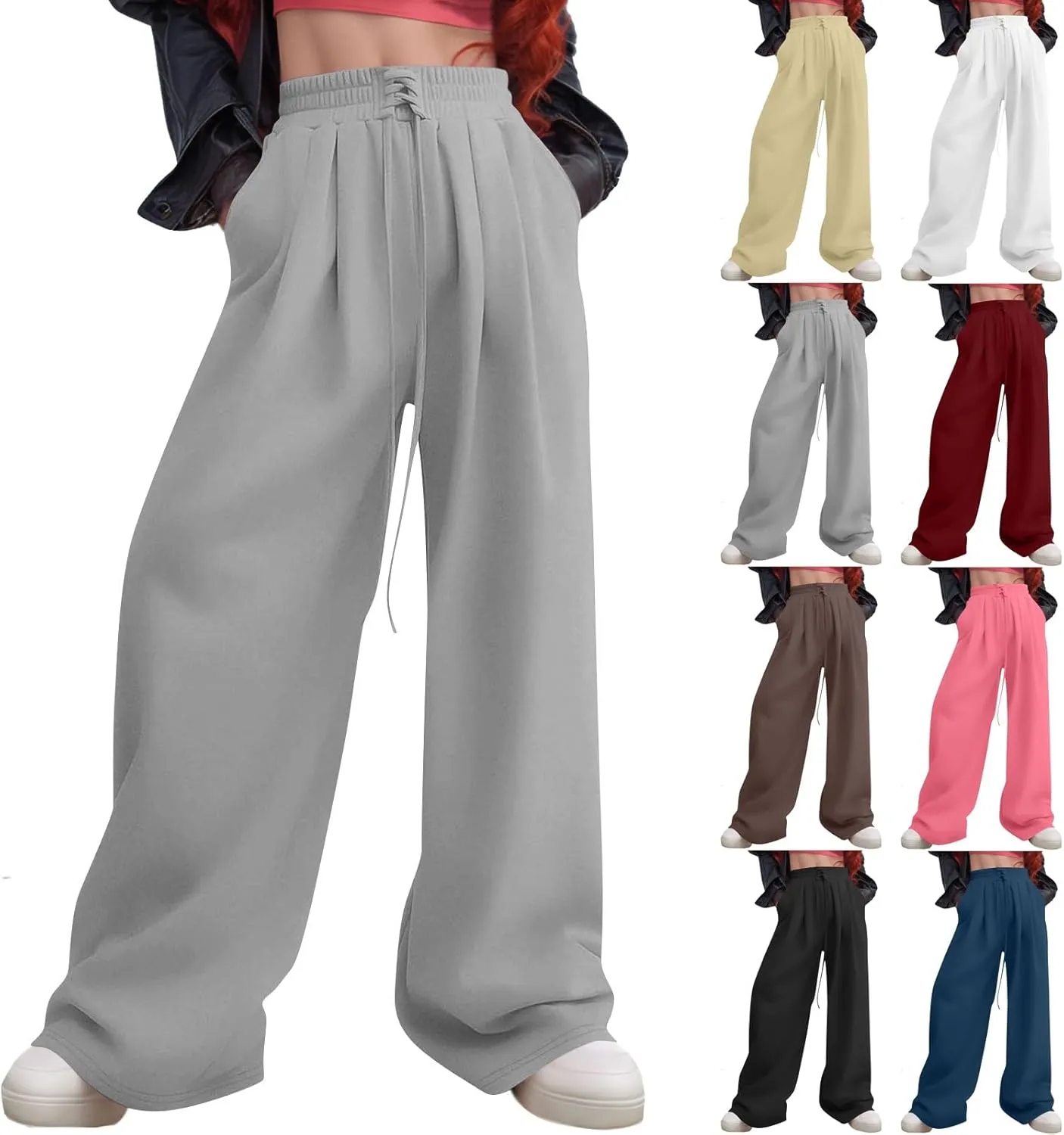 Oversized Wide Leg Sweatpants Women Baggy Y2K High Waisted Fleece Jogger Pants Trendy Cute Sweat Pants with Pockets