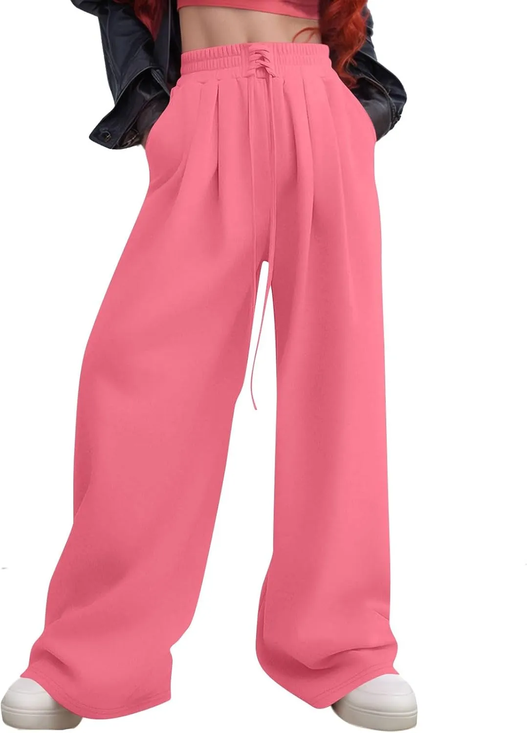 Oversized Wide Leg Sweatpants Women Baggy Y2K High Waisted Fleece Jogger Pants Trendy Cute Sweat Pants with Pockets