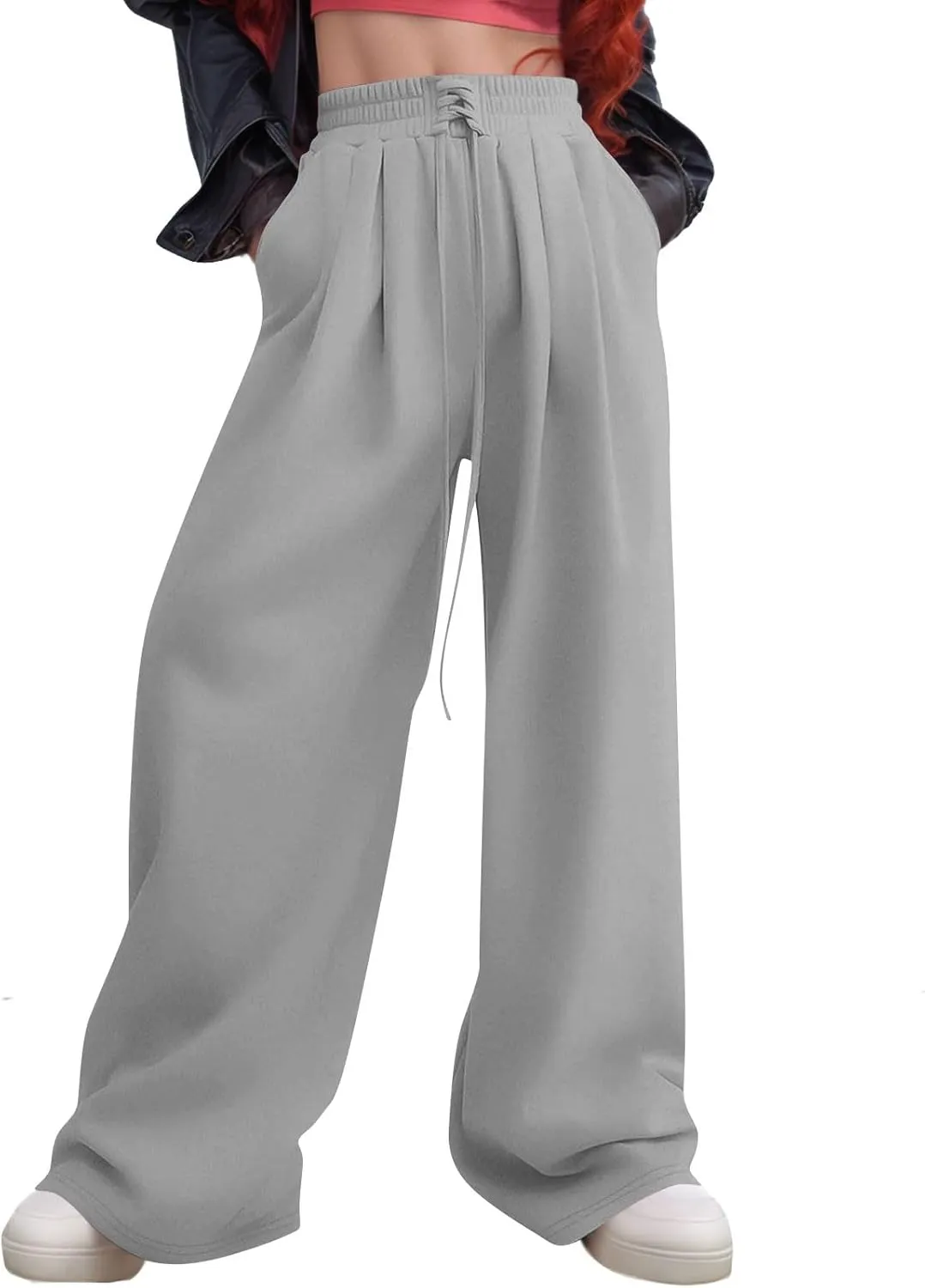 Oversized Wide Leg Sweatpants Women Baggy Y2K High Waisted Fleece Jogger Pants Trendy Cute Sweat Pants with Pockets