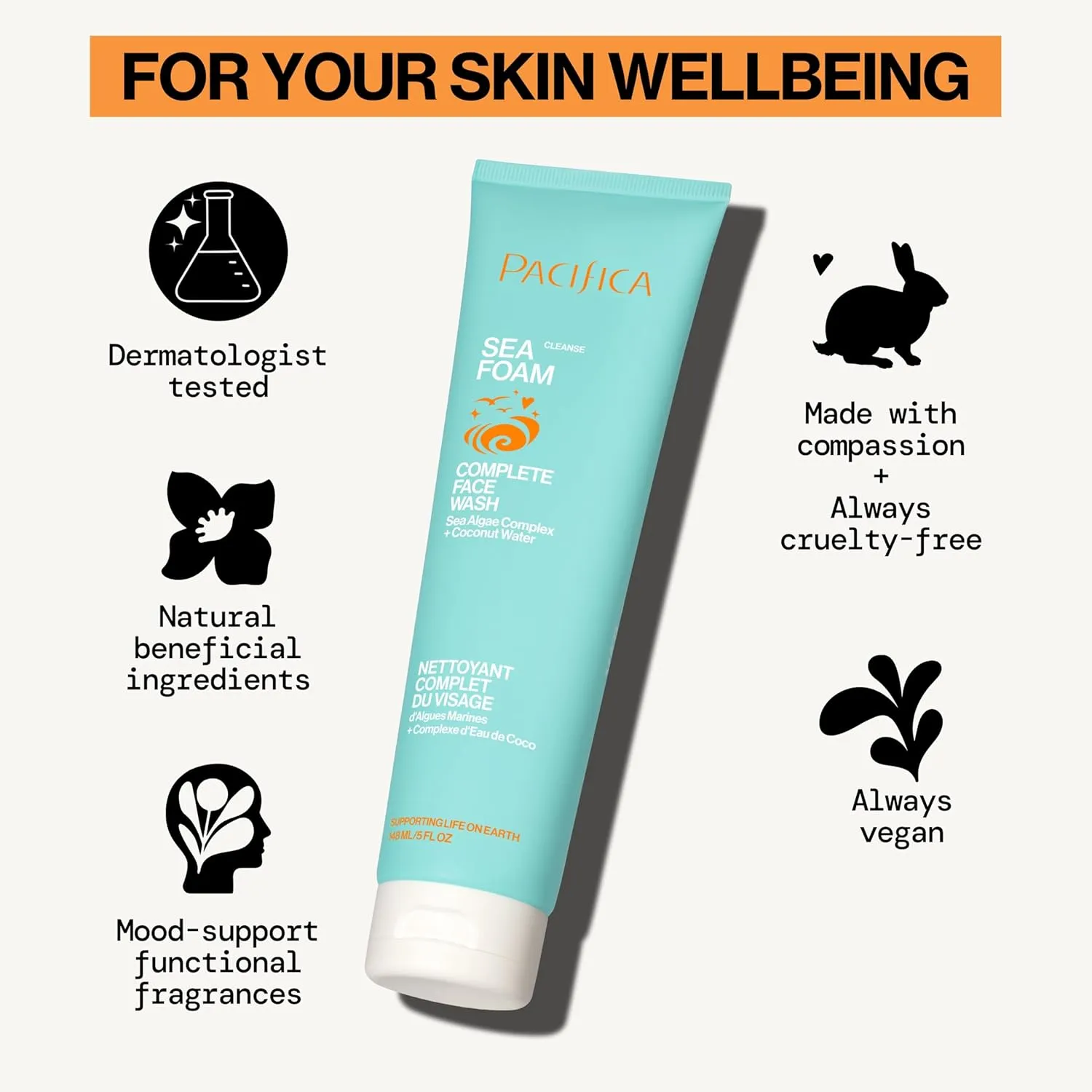 Pacifica Beauty Sea Foam Face Cleanser, Daily Gentle Foaming Face Wash, With Coconut Water   Sea Algae Complex, Removes Makeup, For Combination and Oily Skin, Vegan and Cruelty Free, Clean Skin Care