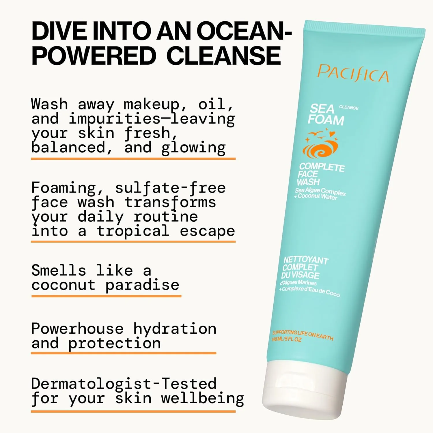 Pacifica Beauty Sea Foam Face Cleanser, Daily Gentle Foaming Face Wash, With Coconut Water   Sea Algae Complex, Removes Makeup, For Combination and Oily Skin, Vegan and Cruelty Free, Clean Skin Care