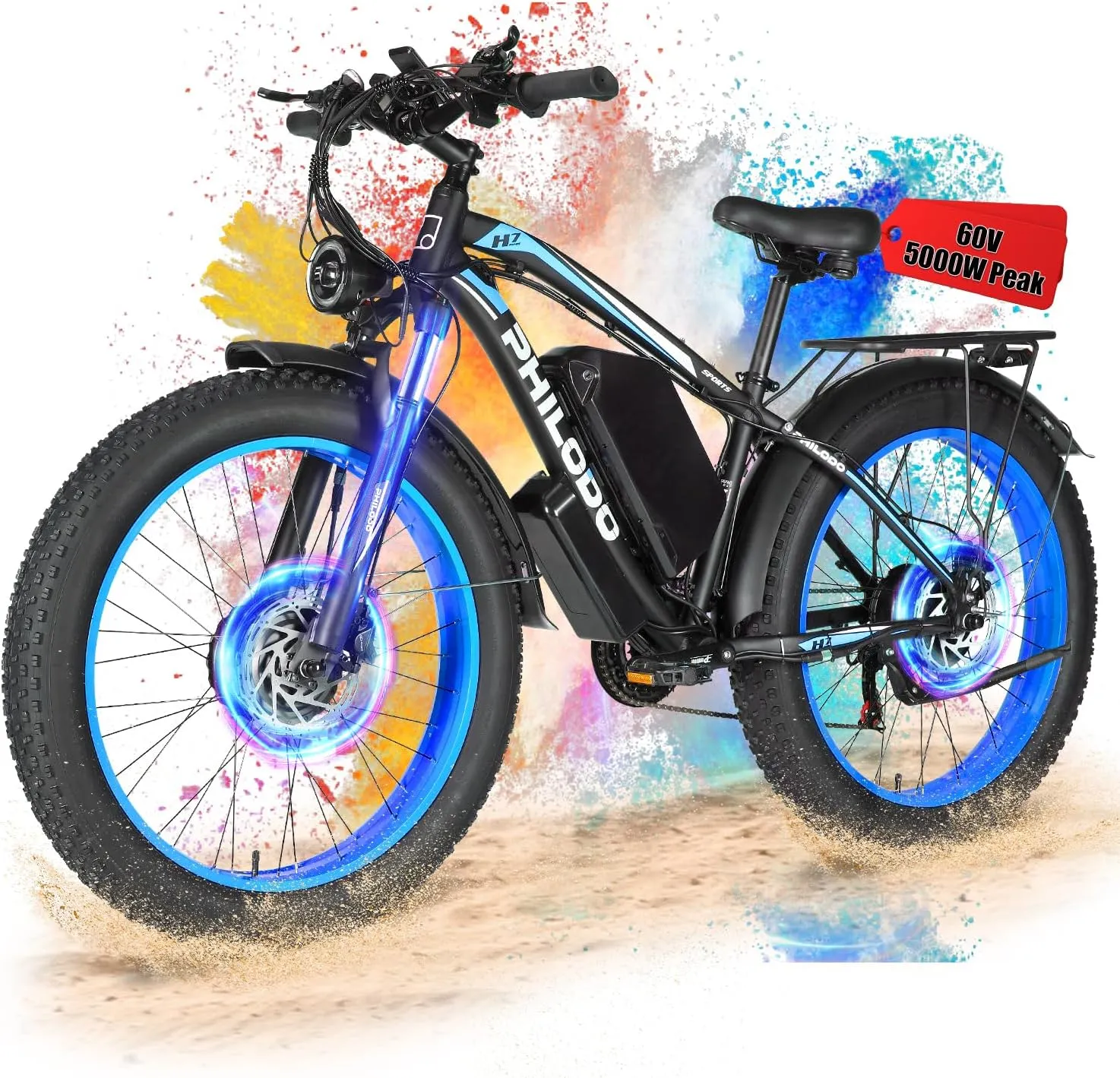 PHILODO Electric Bike for Adults, 5000W Peak 45MPH,60V 26AH E-Bike,Dual Motor Electric ebike, 26" Fat Tire Dirt Bike, UL2849 All Terrain for Mountains, Snow, Sand, Road