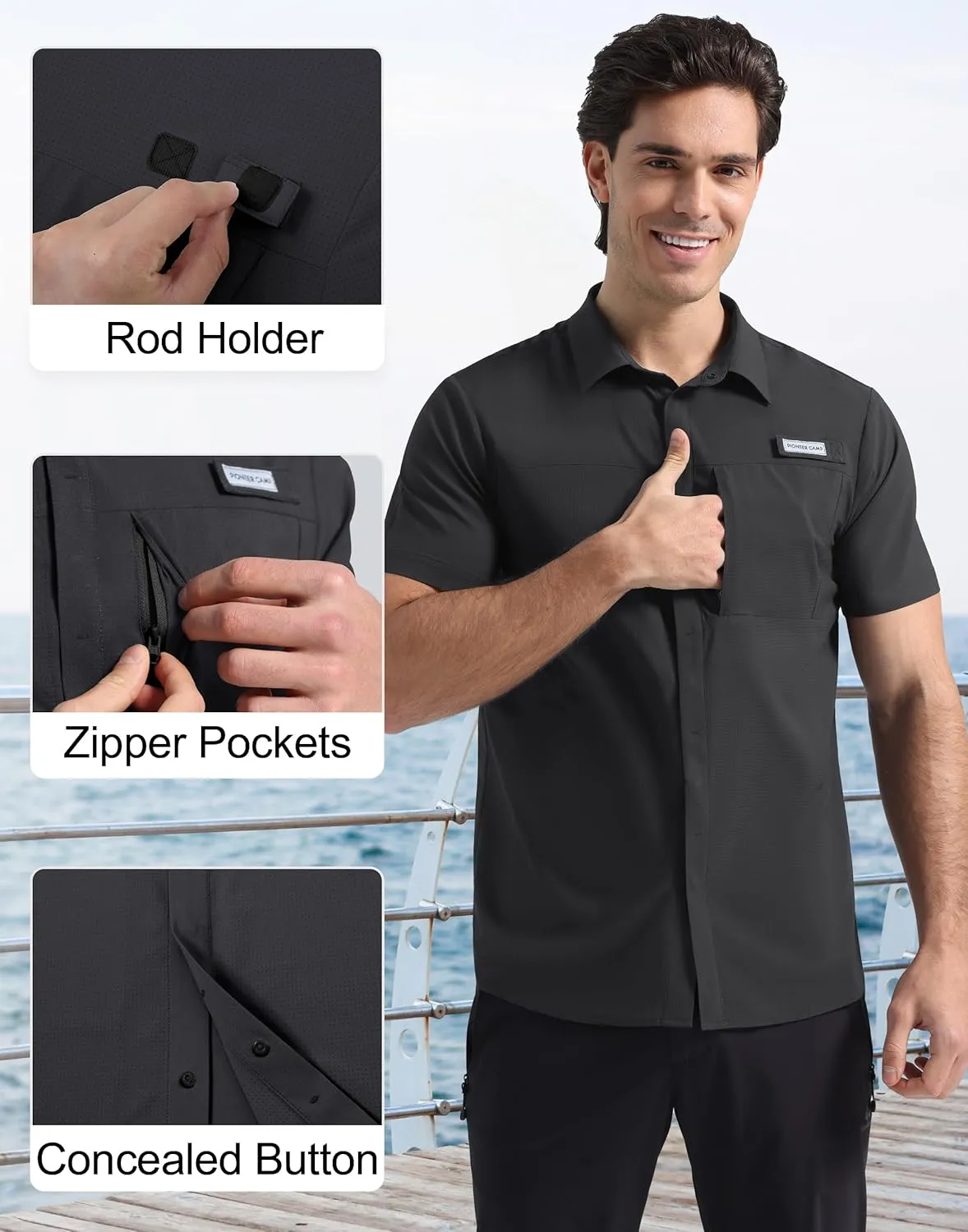 Pioneer Camp Men Fishing Shirts with Zipper Pocket UPF 50  Lightweight Casual Short Sleeve Button Down Shirts for Men Hiking