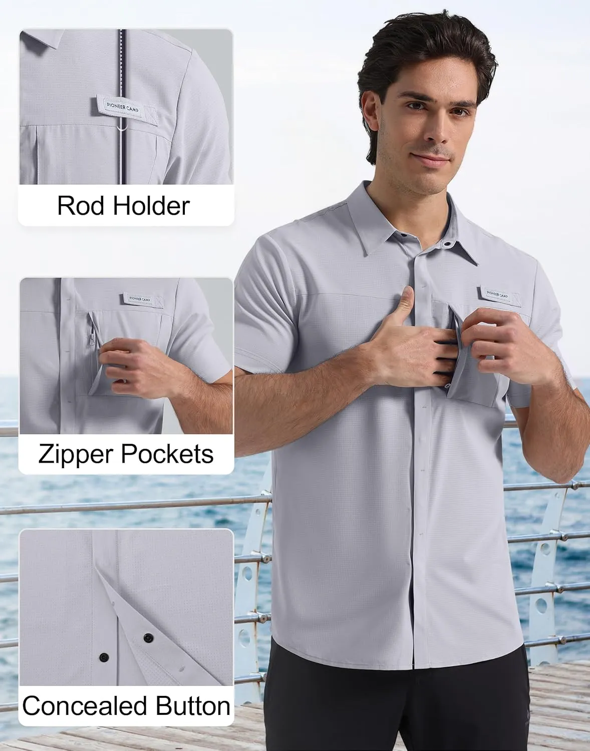 Pioneer Camp Men Fishing Shirts with Zipper Pocket UPF 50  Lightweight Casual Short Sleeve Button Down Shirts for Men Hiking