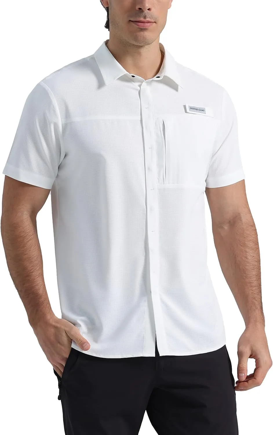 Pioneer Camp Men Fishing Shirts with Zipper Pocket UPF 50  Lightweight Casual Short Sleeve Button Down Shirts for Men Hiking