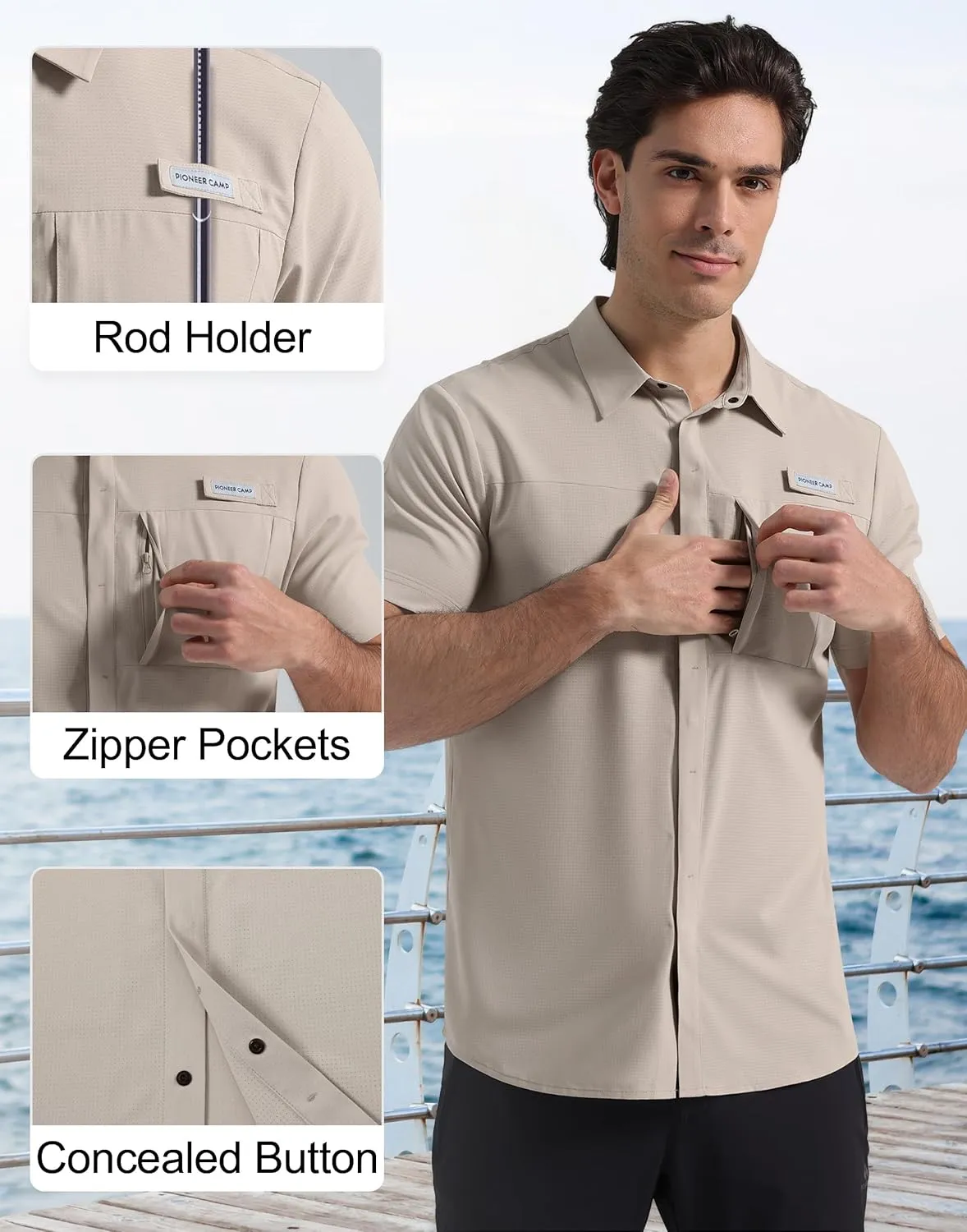 Pioneer Camp Men Fishing Shirts with Zipper Pocket UPF 50  Lightweight Casual Short Sleeve Button Down Shirts for Men Hiking