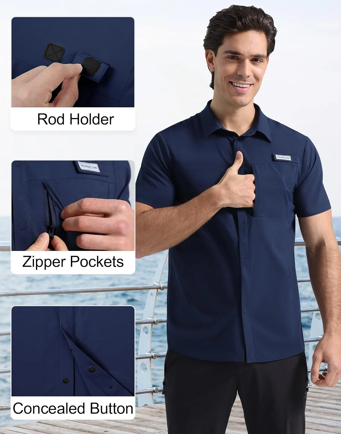 Pioneer Camp Men Fishing Shirts with Zipper Pocket UPF 50  Lightweight Casual Short Sleeve Button Down Shirts for Men Hiking