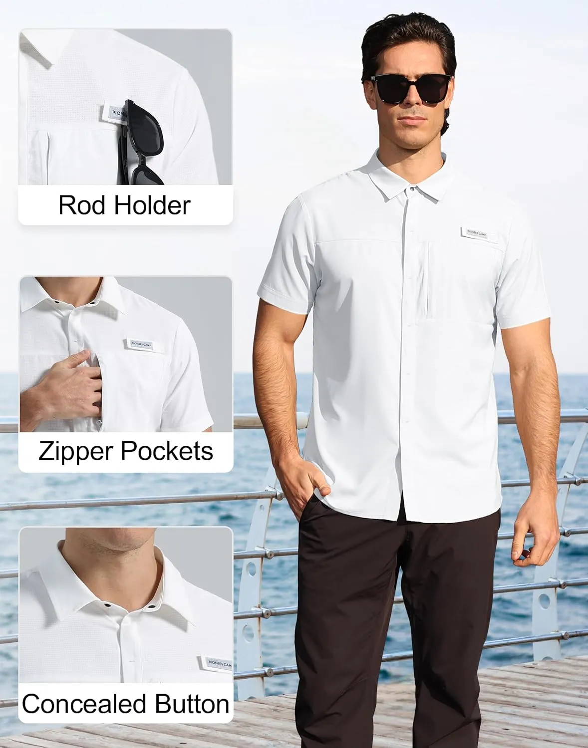Pioneer Camp Men Fishing Shirts with Zipper Pocket UPF 50  Lightweight Casual Short Sleeve Button Down Shirts for Men Hiking