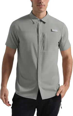 Pioneer Camp Men Fishing Shirts with Zipper Pocket UPF 50  Lightweight Casual Short Sleeve Button Down Shirts for Men Hiking