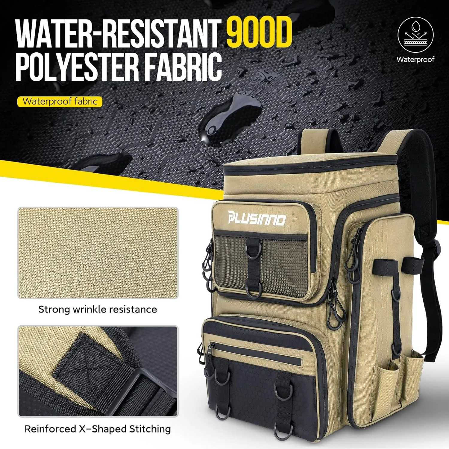PLUSINNO Fishing Backpack with Rod Holders Tackle Box, 42L Large Water-resistant Fishing Tackle Bag Store Fishing Gear