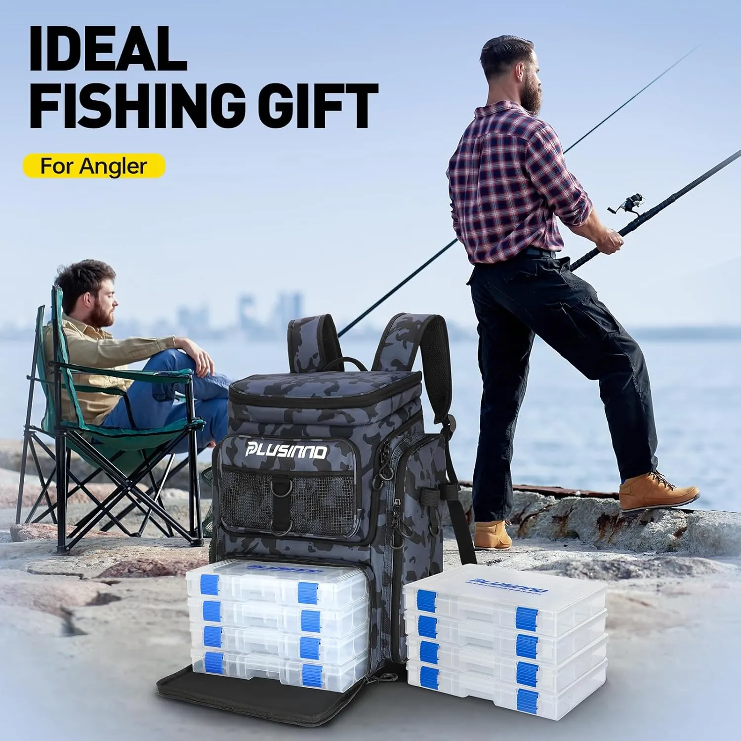 PLUSINNO Fishing Backpack with Rod Holders Tackle Box, 42L Large Water-resistant Fishing Tackle Bag Store Fishing Gear