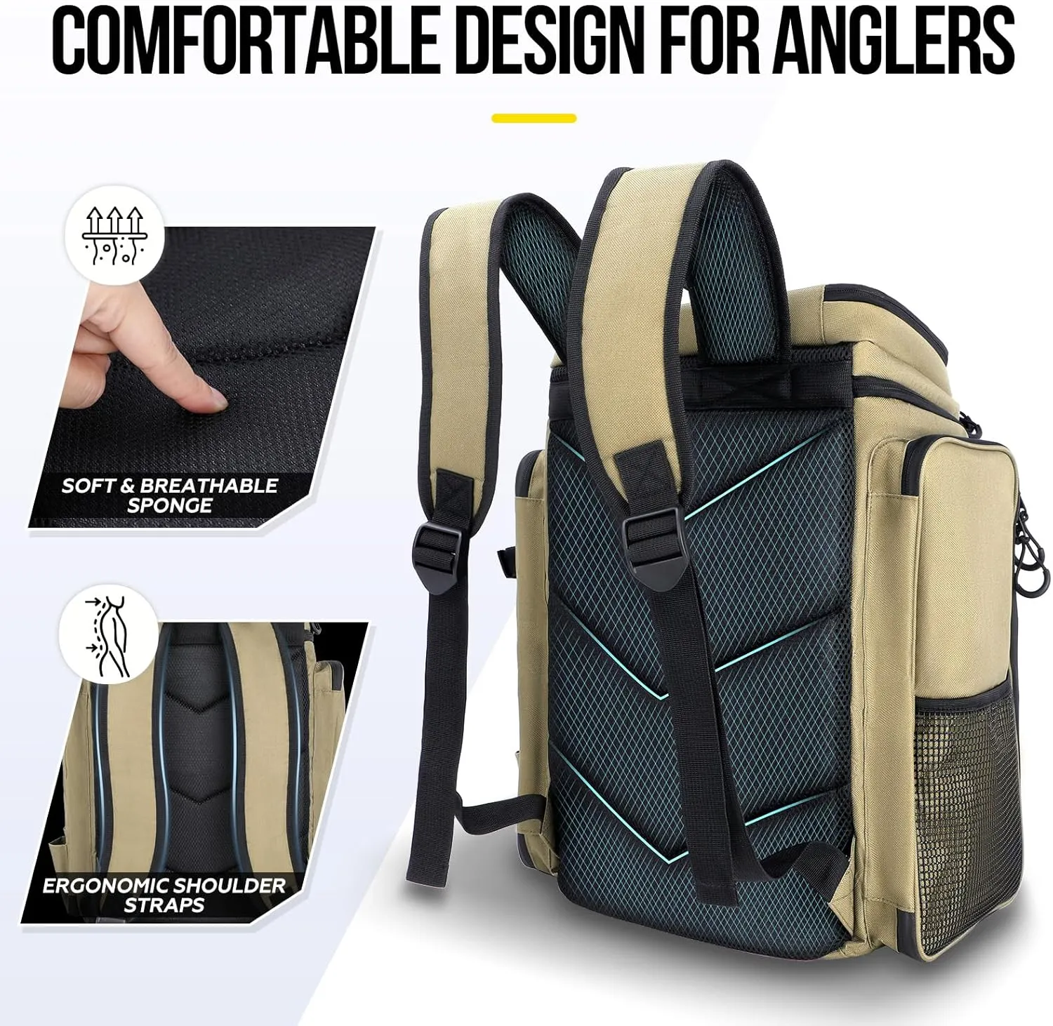 PLUSINNO Fishing Backpack with Rod Holders Tackle Box, 42L Large Water-resistant Fishing Tackle Bag Store Fishing Gear