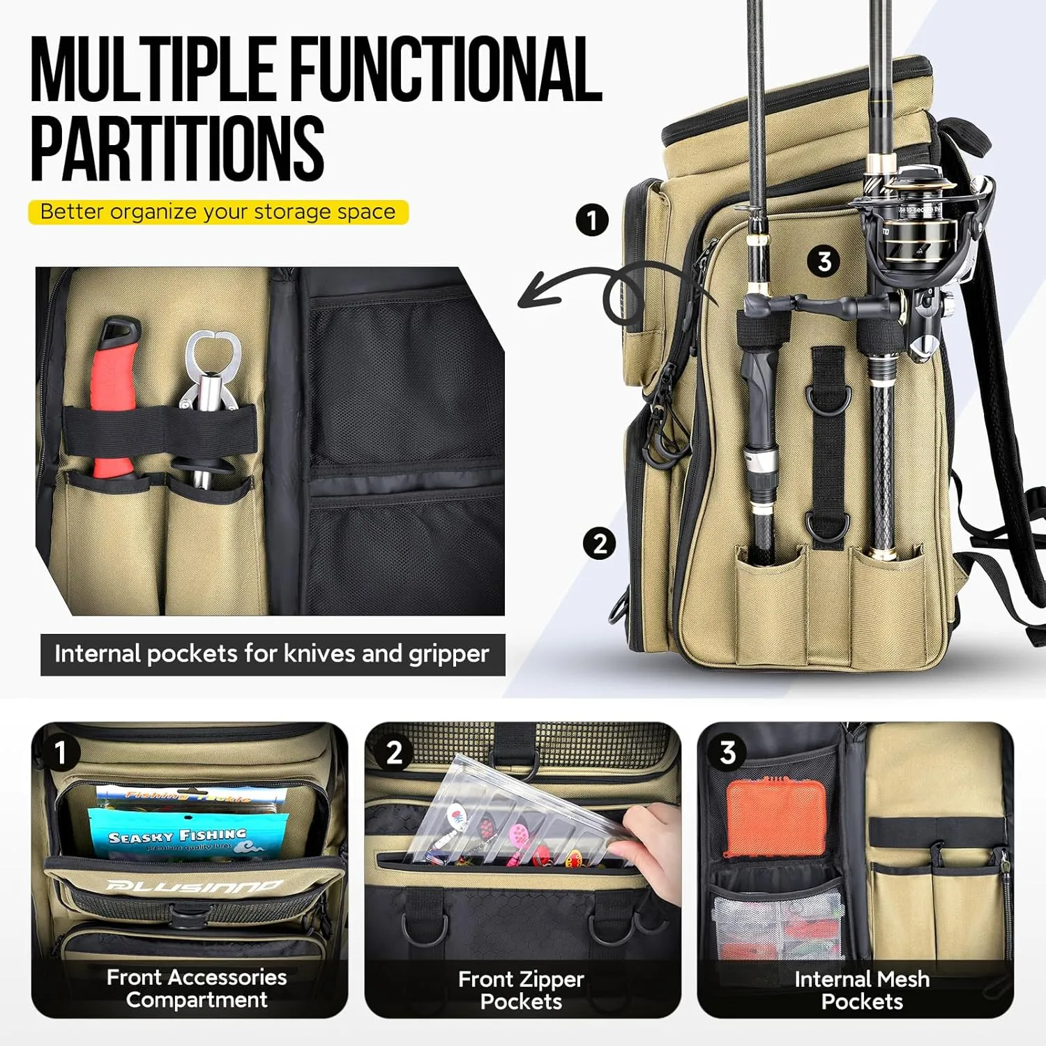 PLUSINNO Fishing Backpack with Rod Holders Tackle Box, 42L Large Water-resistant Fishing Tackle Bag Store Fishing Gear