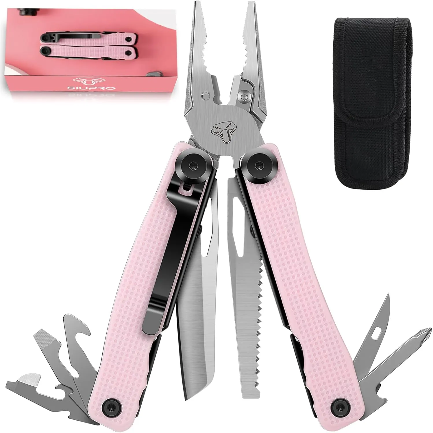 Pocket Multitool Knife for Men, Women, Tactical Multi Tool, All Self-Locking Camping Saw, Survival Pliers set With Clip and Pouch, Dad Gifts for Fathers Day, Pink