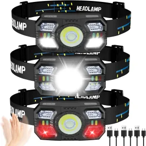 Rechargeable Headlamp 3 Pack, 1200 Lumens LED Head Lamp with Red Light, Motion Sensor, 10 Modes, 60 Adjustable Head Lights for Forehead, IPX5 Waterproof Headlamps for Adults - Running,Camping,Hiking
