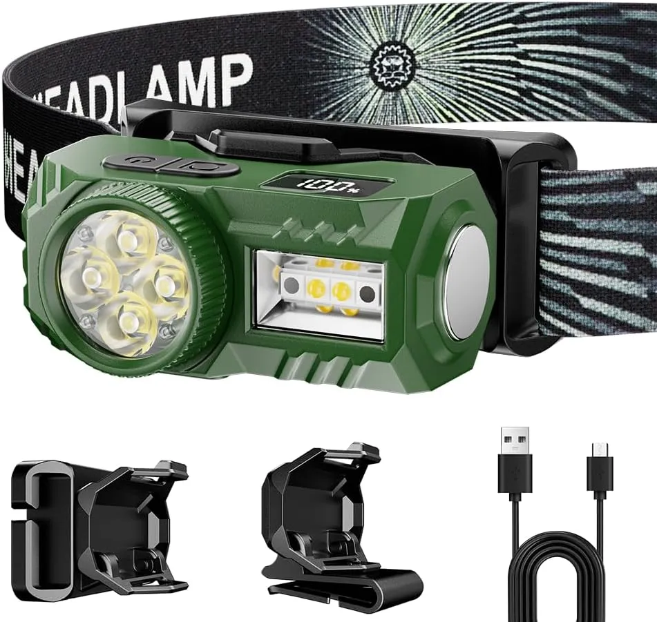 Rechargeable Headlamp Flashlight, 4 LED&COB Super Bright Headlight with White Red Light & Motion Sensor, IPX4 Waterproof Head Lamp for Adult Kid, Headlamps for Outdoor Camping Running Fishing(Green)