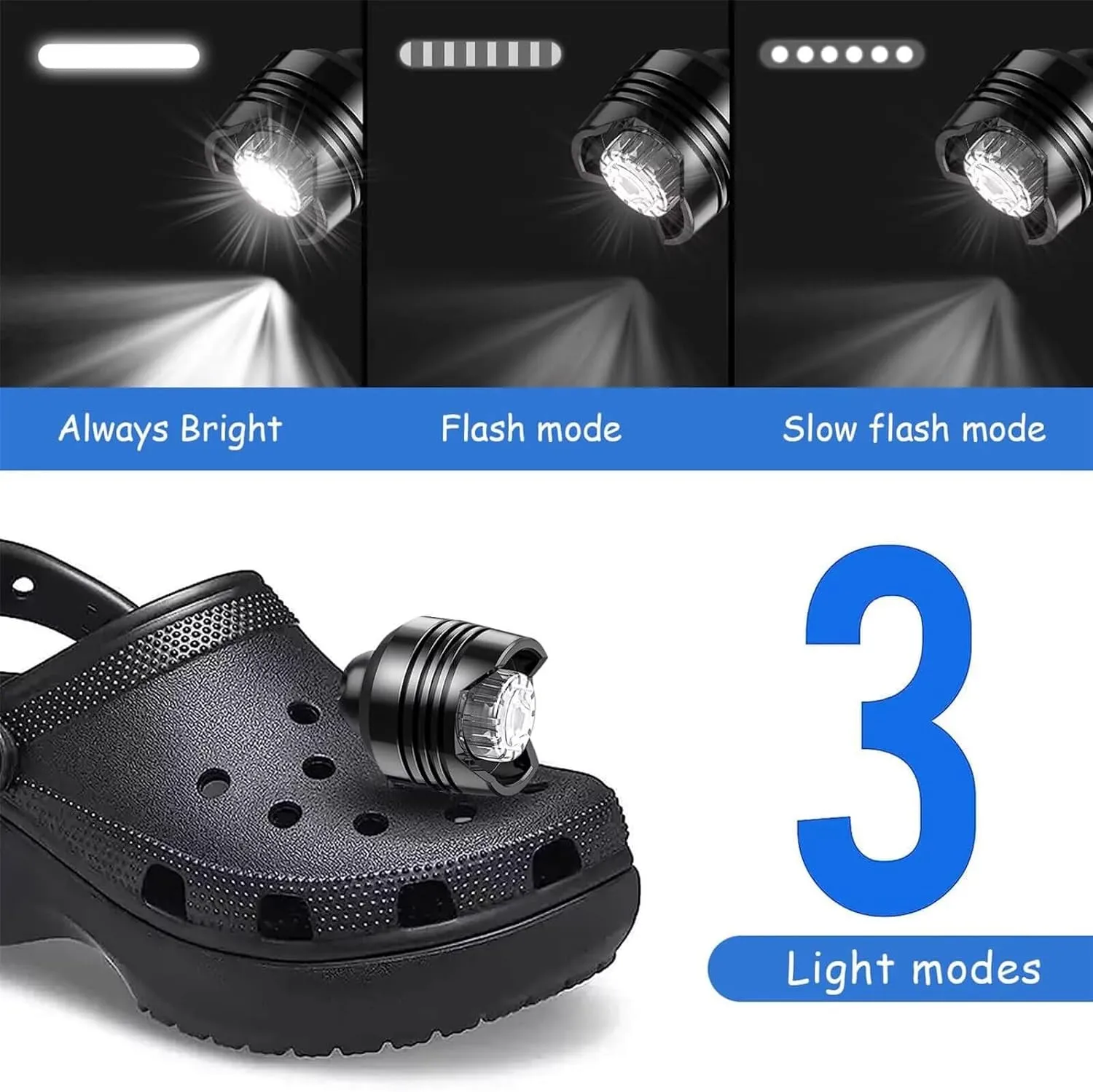 Rechargeable Headlights for Clog 2PCS, Flashlight Clog Charm Attachment Accessories for Shoes with 3 Light Modes for Dog Walking, Camping, Running, Suitable for Adults Kids Boys Girls Men Women
