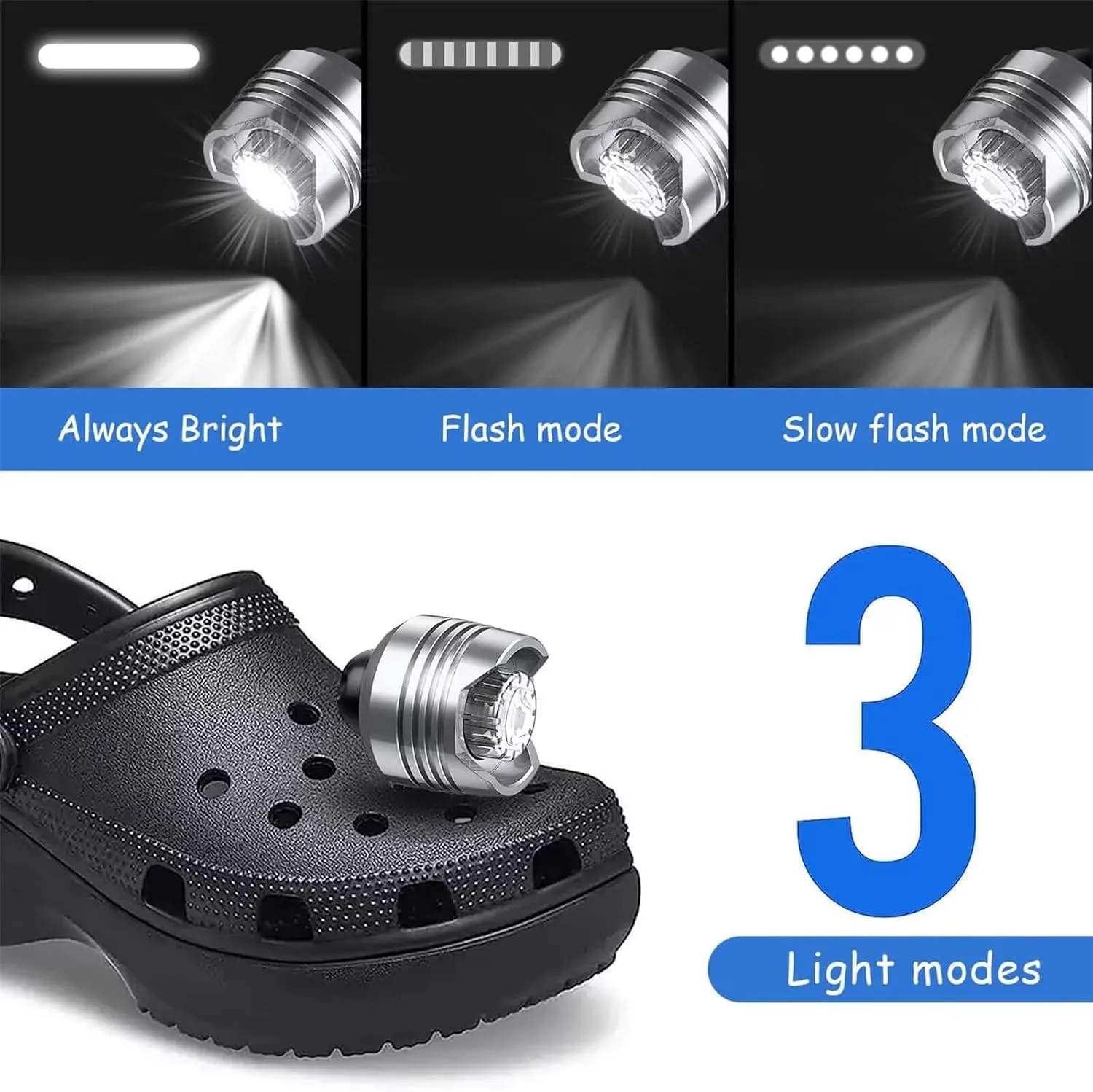 Rechargeable Headlights for Clog 2PCS, Flashlight Clog Charm Attachment Accessories for Shoes with 3 Light Modes for Dog Walking, Camping, Running, Suitable for Adults Kids Boys Girls Men Women