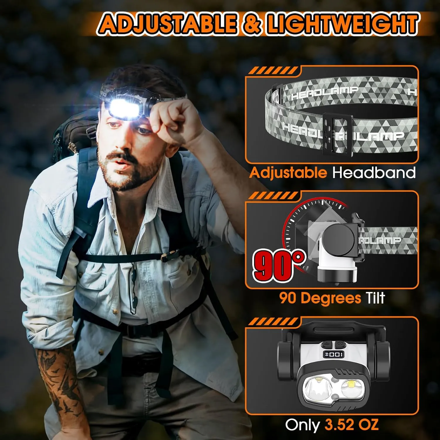Rechargeable LED Headlamp Flashlight, 1500 Lumen Headlight with 9 Modes, Motion Sensor Head Lamp Camping Essentials Gear, Waterproof Head Light Flashlight for Hiking, Fishing, Cycling, Black