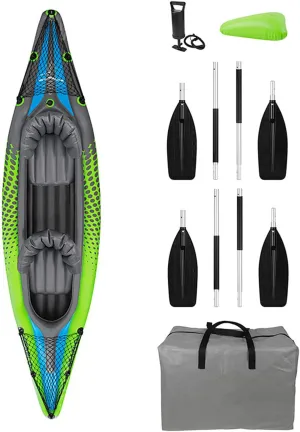 Savvycraft Inflatable Kayak 2 Person Tandem Kayak, Recreational Touring Kayak Includes Aluminum Paddles, Padded Seats, Double Action Pump