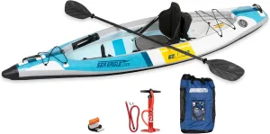 Sea Eagle EZLITE 10 Ultralight, All Woven, Drop Stitch, Rigid, High Performance, Easy Setup, 10' Solo Inflatable Kayak w/Backpack, Seat Paddle and Adjustable Footrests