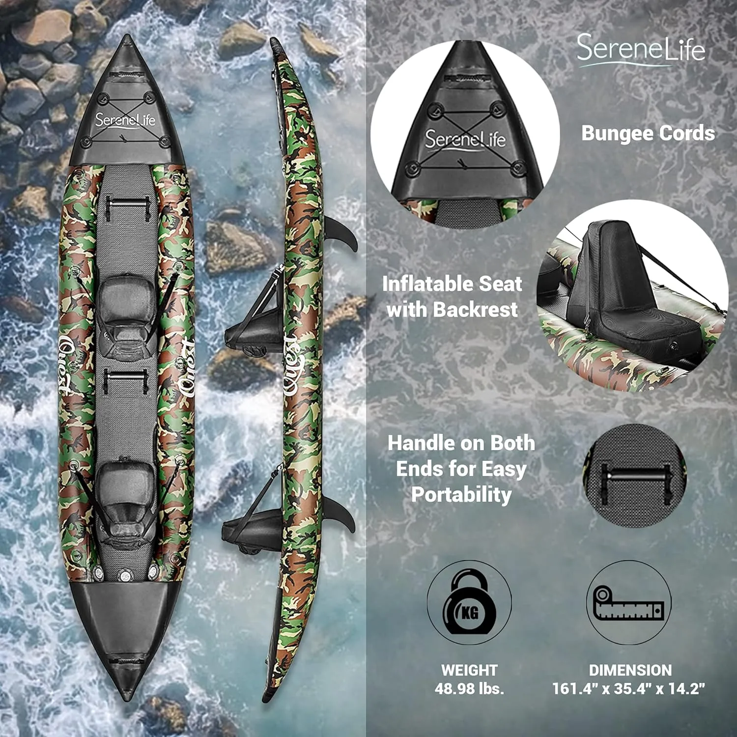 SereneLife 2 Person Inflatable Kayak - Double Kayak with Aluminum Paddles, Repair Kit - Lightweight, Portable Adult Kayaks with High-Output Pump - Durable Vinyl Kayak for Lake, Mild River