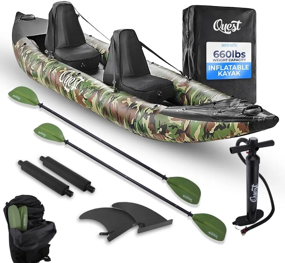 SereneLife 2 Person Inflatable Kayak - Double Kayak with Aluminum Paddles, Repair Kit - Lightweight, Portable Adult Kayaks with High-Output Pump - Durable Vinyl Kayak for Lake, Mild River