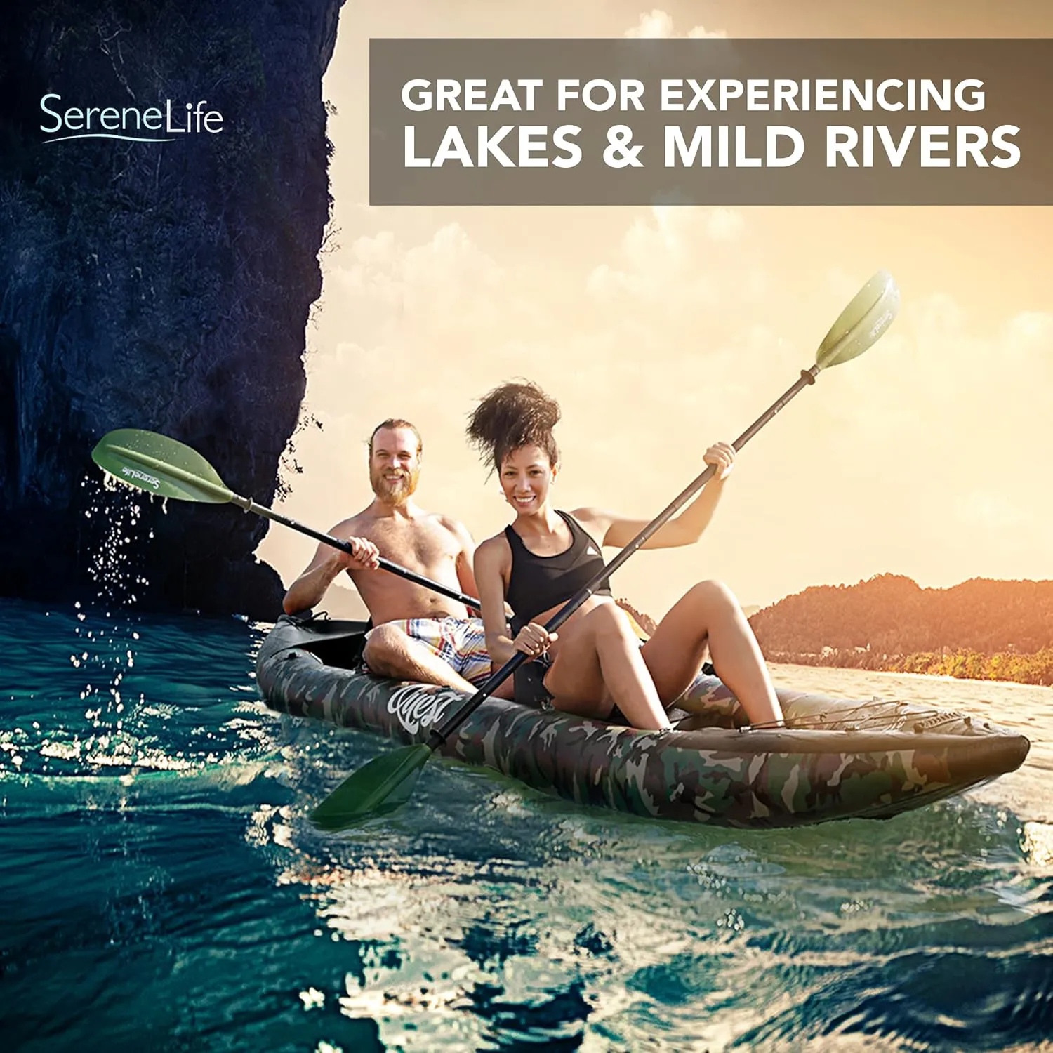 SereneLife 2 Person Inflatable Kayak - Double Kayak with Aluminum Paddles, Repair Kit - Lightweight, Portable Adult Kayaks with High-Output Pump - Durable Vinyl Kayak for Lake, Mild River