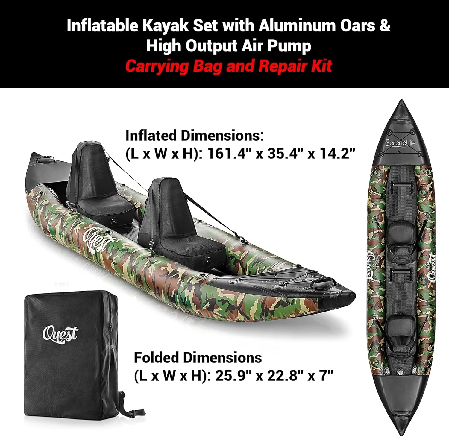 SereneLife 2 Person Inflatable Kayak - Double Kayak with Aluminum Paddles, Repair Kit - Lightweight, Portable Adult Kayaks with High-Output Pump - Durable Vinyl Kayak for Lake, Mild River