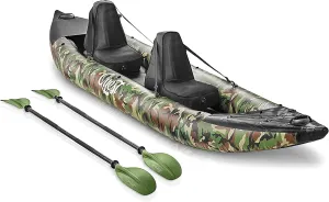 SereneLife 2-Person Inflatable Kayak with Aluminum Paddles & Pump  Portable, Lightweight Kayak for Adults with Adjustable Seats, Puncture-Resistant PVC, 660lb Capacity, Repair Kit & Carry Bag  Camo