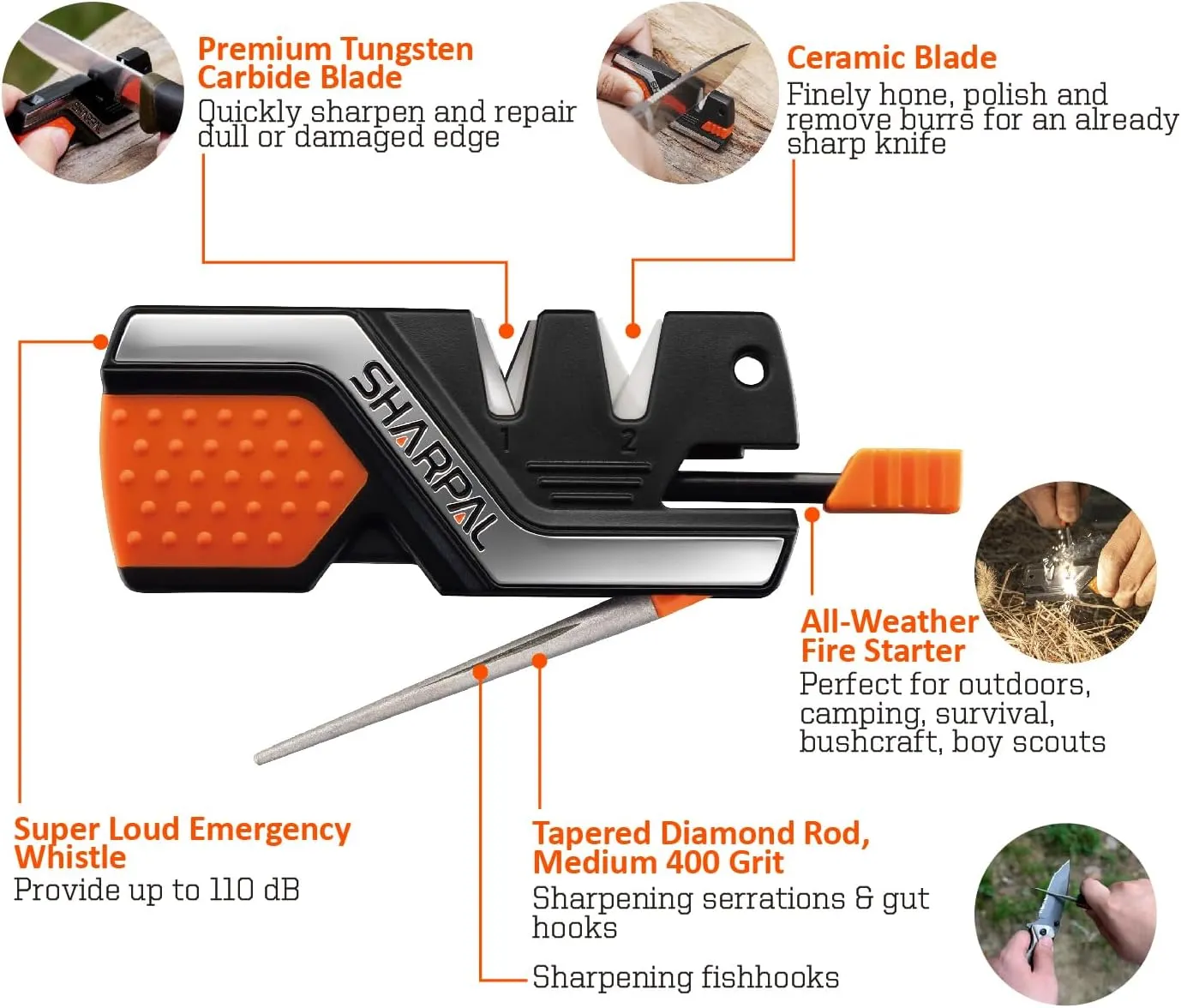 SHARPAL 101N 6-In-1 Pocket Knife Sharpener & Survival Tool, with Fire Starter Ferro Rod, Whistle & Diamond Sharpening Rod, Quickly Repair, Restore and Hone Straight and Serrated Blade