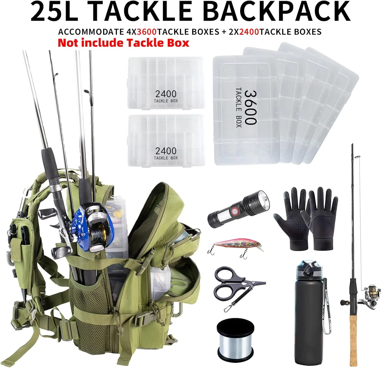 Small Tactical Fishing Tackle Backpack with Removable Plier Holder & Rod Holders Storage Fishing Gear and Equipment Tackle Bag 25l Lightweight Hiking Backpack Green without Tackle Boxes